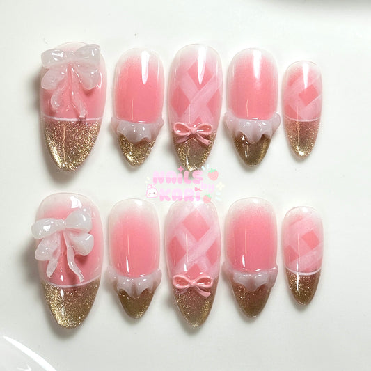 Golden Pink Bow Press-On Nail